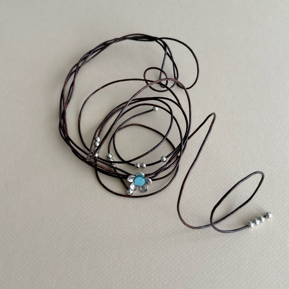Anthropologie Brown Leather Lariat Necklace with Turquoise Flower Accent - Picture 3 of 6